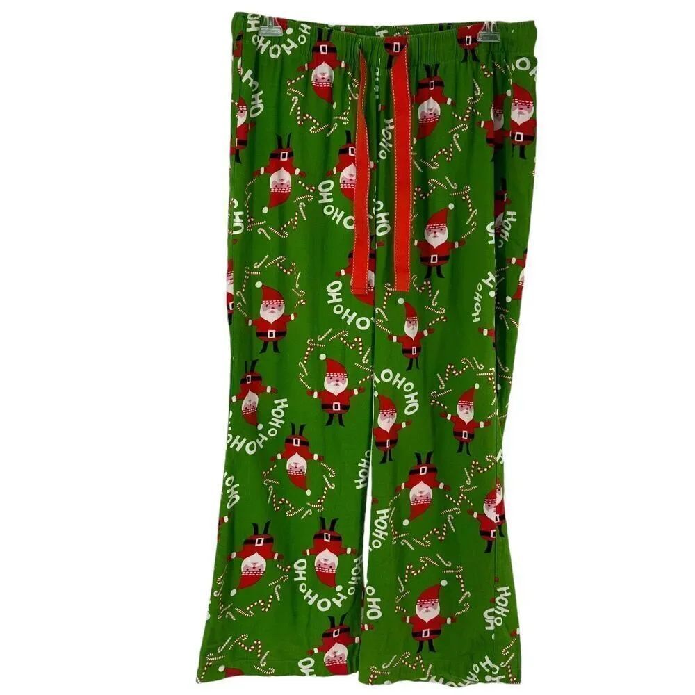 Old Navy Christmas Flannel Pajama Pants Mens Size L Green Santa Claus Cotton PJs